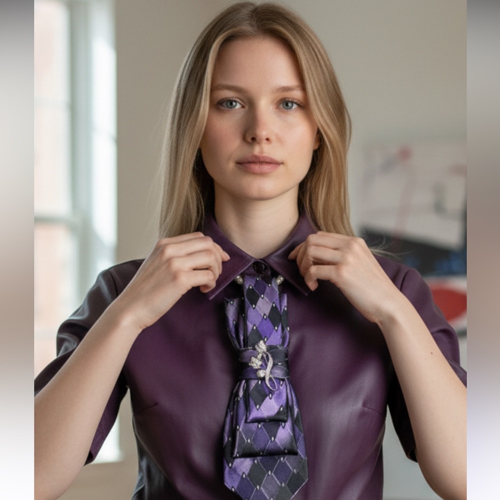 “Dainty Dapper”Purple and Black Argyle necktie necklace with Brooch